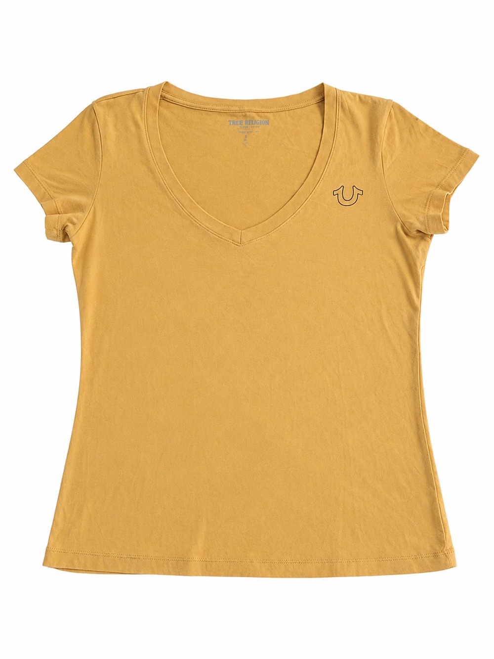 True Religion Mustard Yellow Horseshoe Logo V-Neck Tee Size Medium
